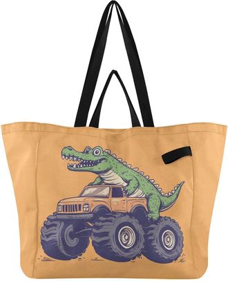 Generic Truck Alligator Orange print Reusable Canvas Tote Bag, Heavy Duty Grocery Shopping Bag with Double Handles Large Capacity Hard Bottom Work Groceries T