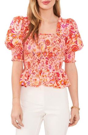 Chaus Smocked Puff Sleeve Blouse in Peach/Pink/Orange at Nordstrom, Size Medium