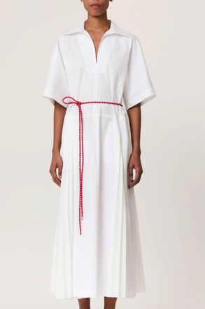Plan C Pleated Poplin Dress With Red Belt In Optical White