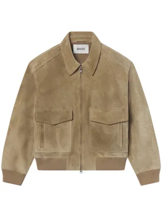 A Gold E Cropped Boxy Suede Bomber Jacket with Classic Collar