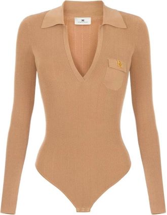 Elisabetta Franchi Tops, Dames, Bruin, XS, Leer, Gebreide Bodysuit Met Openwerk Borduurwerk