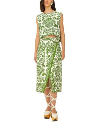 Farm Rio Linen-Blend Delicate Tapestry Midi Skirt