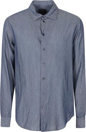 Emporio Armani Lange mouwen katoenen shirt - Heren - Casual Overhemden - Blauw - XL - Katoen - Overhemden