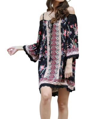 Angie Floral Twin Print Cold Shoulder Dress In Black