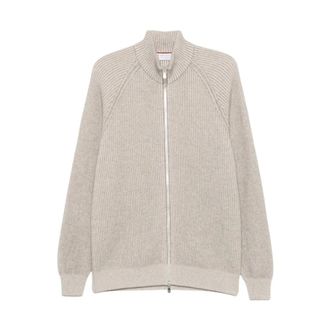 Brunello Cucinelli Gebreide Cardigan met Trechterhals en Rits van Kasjmier - Heren - Truien - Beige - Maat: L Kasjmier