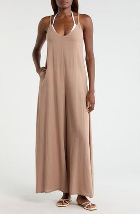 Elan Wide Leg Cotton & Linen Blend Cover-Up Jumpsuit in Brown at Nordstrom, Size X-Small