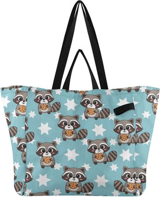 Generic Raccoon Stars Blue pattern Reusable Canvas Tote Bag, Heavy Duty Grocery Shopping Bag with Hard Bottom Double Handles Large Capacity Work Groceries Tra