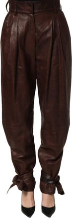 Dolce & Gabbana Womens Brown Leather High Waist Tapered Leg Pants Lamb
