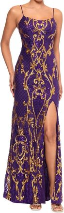 Betsy & Adam Womens Sequined Patterned Gown In Purple