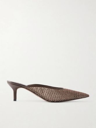 Brunello Cucinelli Mule In Mesh Con Finiture In Pelle E Perline - Marrone
