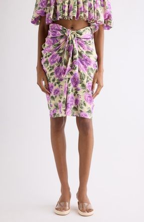 Chlo&eacute; Rose Print Gathered Silk Satin Skirt in Yellow - Purple at Nordstrom, Size 6 Us