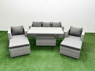 Fimous 6 PCs Rising Dining Table Set Rattan Furniture Set with 2 Big Footstools in Light Grey