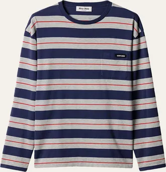 Miu Miu Striped Long-Sleeve Crewneck T-Shirt