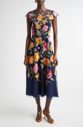 Carolina Herrera Poppy Sequin Embroidered Tulle Gown in Midnight Multi at Nordstrom, Size 10
