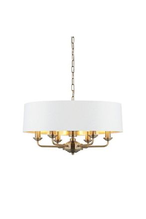 Netlighting Highclere Single Shade Pendant Ceiling Lamp Antique Brass Plate Vintage White Fabric in Gold