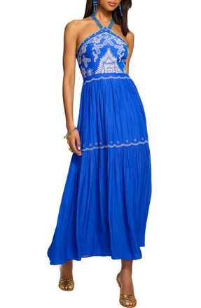 Ramy Brook Kenna Embroidered Tiered Halter Maxi Dress in Capri Blue at Nordstrom, Size Xx-Small