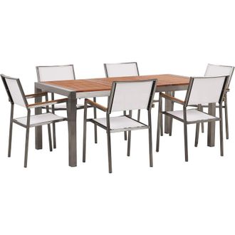 Beliani Conjunto De Comedor De Jard&iacute;n Mesa Con Tablero De Madera De Eucalipto 180 X 90 Cm Y 8 Sillas En Tela Blancas Grosseto