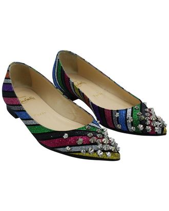 Christian Louboutin Womens Leather Drama Stripe Studded Flat (Authentic Pre- Loved)