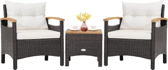 Costway Conjunto Terraza 3 Piezas, Conjunto De Muebles Rat&aacute;n De Jard&iacute;n, Mesa De Caf&eacute;, 2 Sillas De Rat&oacute;n Con Coj&iacute;n Desmontable Y Respaldo, Madera De Acacia Par