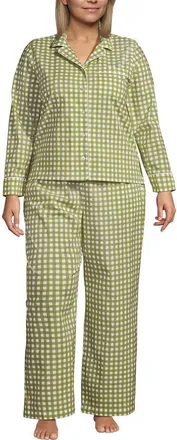 Lands End Cotton Poplin 2 Piece Pajama Set - Long Sleeve Top and Pants in Bright Pistachio Gingham at Nordstrom, Size 1X