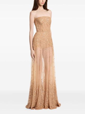 Elie Saab Abito da sera senza spalline con ricamo - Oro
