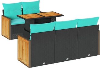 vidaXL 6 Piece Garden Sofa Set with Cushions Black Poly Rattan Acacia vidaXL