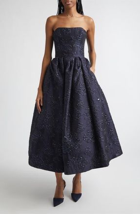 Carolina Herrera Strapless Metallic Floral Jacquard Midi Dress in Midnight at Nordstrom, Size 10