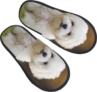Generic Slippers Bichon Frise Dog Reusable Sliders Portable Cotton Slippers For Winter Trip Adult M