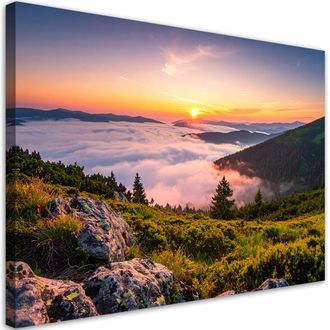 Feeby Cuadro Sobre Lienzo, Paisaje Monta&ntilde;as En La Niebla Puesta De Sol, 120x80
