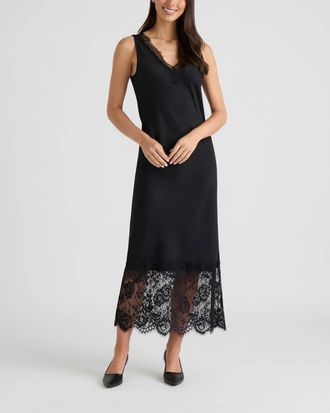 Ellen Tracy Womens Satin V-Neck Lace Trimmed Dress