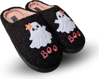 TOSH Ladies Mule Slippers Happy Face Smile Warm Lined Cushioned Padded Flat Slip Ons (Black Ghost Halloween, UK Footwear Size System, Adult, Women, Numeric