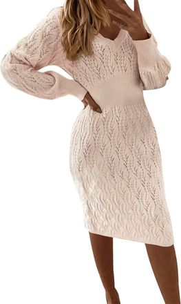 Generic Knitted Dresses for Women UK Long Sleeve V-Neck Winter Jumper Dress Warm Sweater Dress Fashion Casual Solid High Waist Slim Fit Bodycon Dress Pullover