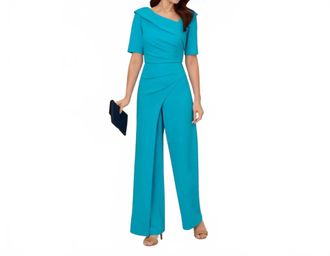 Adrianna Papell Bateau Floor-Length Crepe Formal Jumpsuit In Bel Air Blue