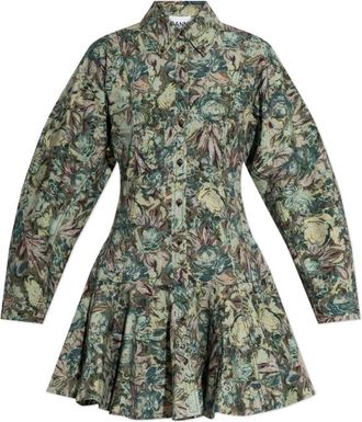 Ganni Tapestry Floral Blousejurk - Dames - Shirt Kleedjes - Groen - S - Katoen - Kleedjes