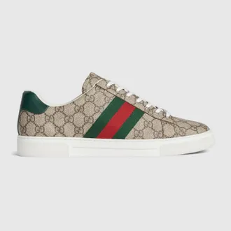 Gucci Mens Gucci Ace Sneaker With Web, Beige, GG Canvas