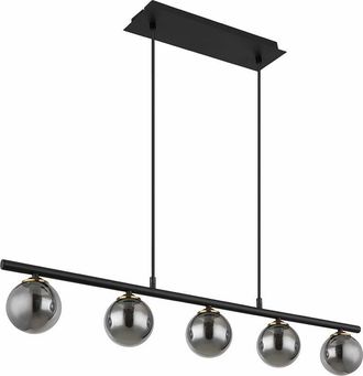 ETC Shop Lampada a sospensione, lampada da tavolo da pranzo, sfera di vetro, nero, regolabile in altezza, metallo vetro fumé, 5 prese G9, LxPxH 90x10x120 cm