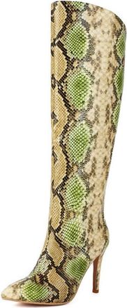 Generic Womens Pointed Toe Knee High Boots Stiletto High Heel Long Boots PU Leather Wide-Calf Boot,Green,3.5 UK