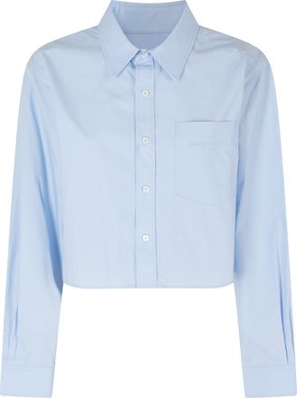 Alexander Wang Oxford Blue Cropped Embroidered Logo Organic Cotton Shirt