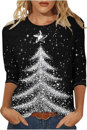 Generic Christmas Top for Women 3/4 Sleeve Novelty Funny Christmas Sweatshirt Xmas Tree Print Sweatshirt Casual Tunic Tops Holiday Round Neck Long Sleeve Tops