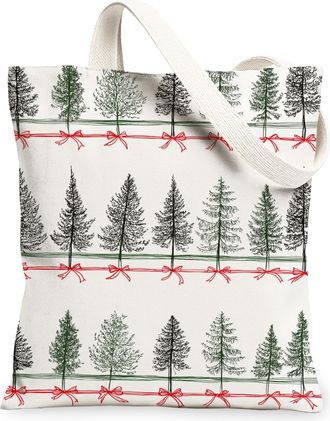 Generic Christmas Trees Canvas Tote Bags, Rustic Pine Pattern Reusable Grocery Bags, Winter Eco-Friendly Washable Shoulder Strap Ca, White, 13x15 Inch