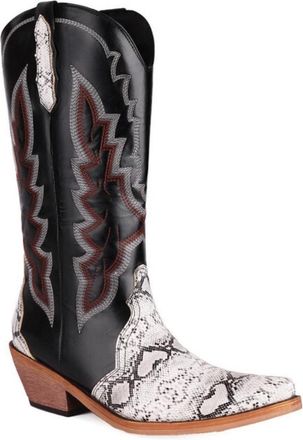 Generic Womens Square Toe PU Leather Mid-Calf Boots Pull on Long Boots with Embroidery Stitched Mid Chunky Heel Western Cowboy Boot,Black,6.5 UK