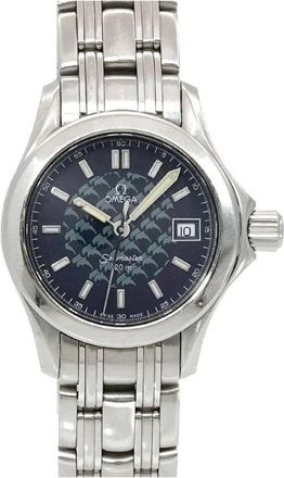 Omega Pre-owned Watches, female, Blue, Size: ONE SIZE Pre-owned Stylish Analog Watch with Stainless Steel Bracelet and Date Display