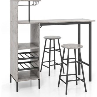 Costway Costway - Set 3 Pezzi Tavolo e Sedie da Bar, Tavolo e Sgabelli da Pub Industriale con Porta Calici e 6 Portabottiglie da Vino, Set di Tavolo per Sala