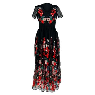 Maje Raphael Floral-Embroidered Midi Dress in Black Polyester