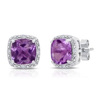 MAX + STONE Sterling Silver 7mm Cushion Cut Gemstone Stud Earrings with Diamond Accent Halo