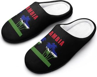 Generic Palm Tree Gambia Flag Mens Slippers Slip On Comfortable Fleece Cotton House Shoes Winter