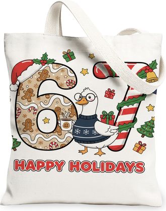 Generic Holiday Animal Canvas Tote Bags, Cute Duck Design Reusable Bags, Christmas Cheer Washable Shoulder Strap Canvas for Travel, White, 13x15 Inch