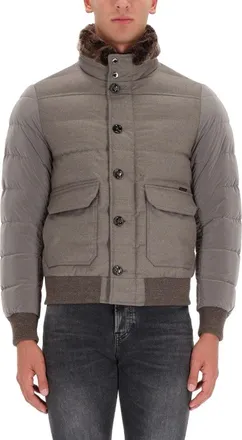 Moorer Padded Grey Jacket With High Faux Fur Collar And Quilted Design