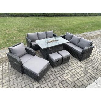 Fimous 10 Seater Wicker Rattan Garden Furniture Set Gas Fire Pit Dining Table Reclining Chair 3 Seater Sofa Set Indoor Outdoor with Side Table 3 Footstools