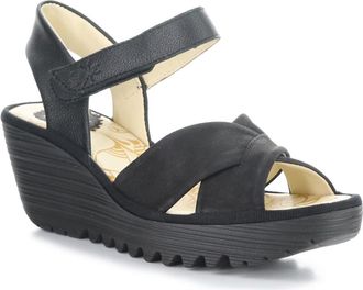 FLY London Yorg Ankle Strap Platform Wedge Sandal in Black at Nordstrom, Size 10-10.5Us